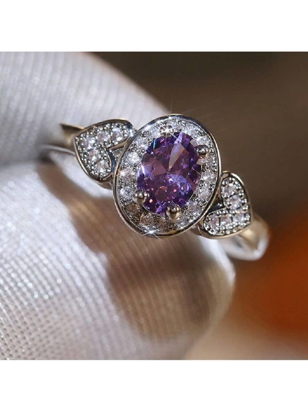 Sterling Silver Amethyst Ring Heart Shaped Cubic Zirconia
